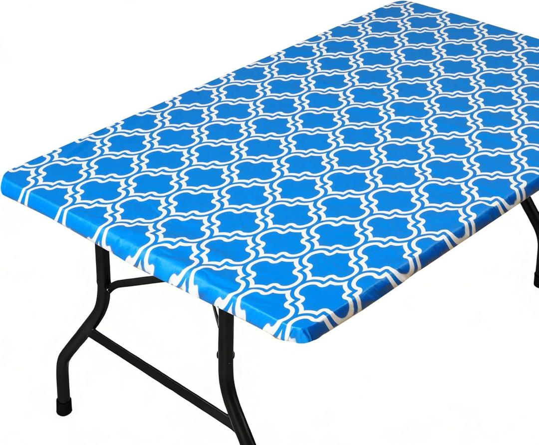 2 x Rectangle Picnic Table Cloth, Elastic Waterproof Fitted Vinyl Tablecloths for 6 Foot Tables, Wipeable Flannel Backed Table Covers for Dining, Camping, Outdoor(Blue,30"x72")