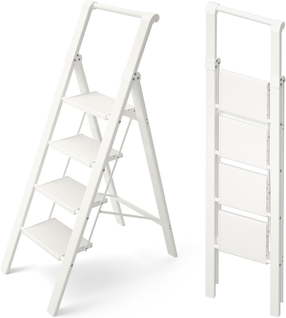 HillhutApex 4 Step Foldable Aluminum Step Ladder with Handgrip, Anti-Slip Pedal, 330 lbs Capacity, Lightweight & Portable for Home, Kitchen, Office, Garage (White)