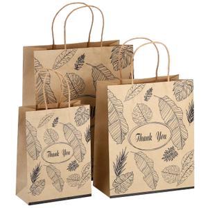 Yesland Kraft Paper Bags - Thank You Bags with Handles - Brown with Black Leaves - 3 Sizes - 80 Pack