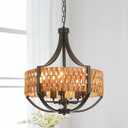 Refice 19.69" Rattan Chandelier, 5-Light Boho Chandelier with Natural Woven Reed Shade, Black Farmhouse Hanging Ceiling Light Pendant Light for Dining Room, Living Room, Foyer, Bedroom Hallway