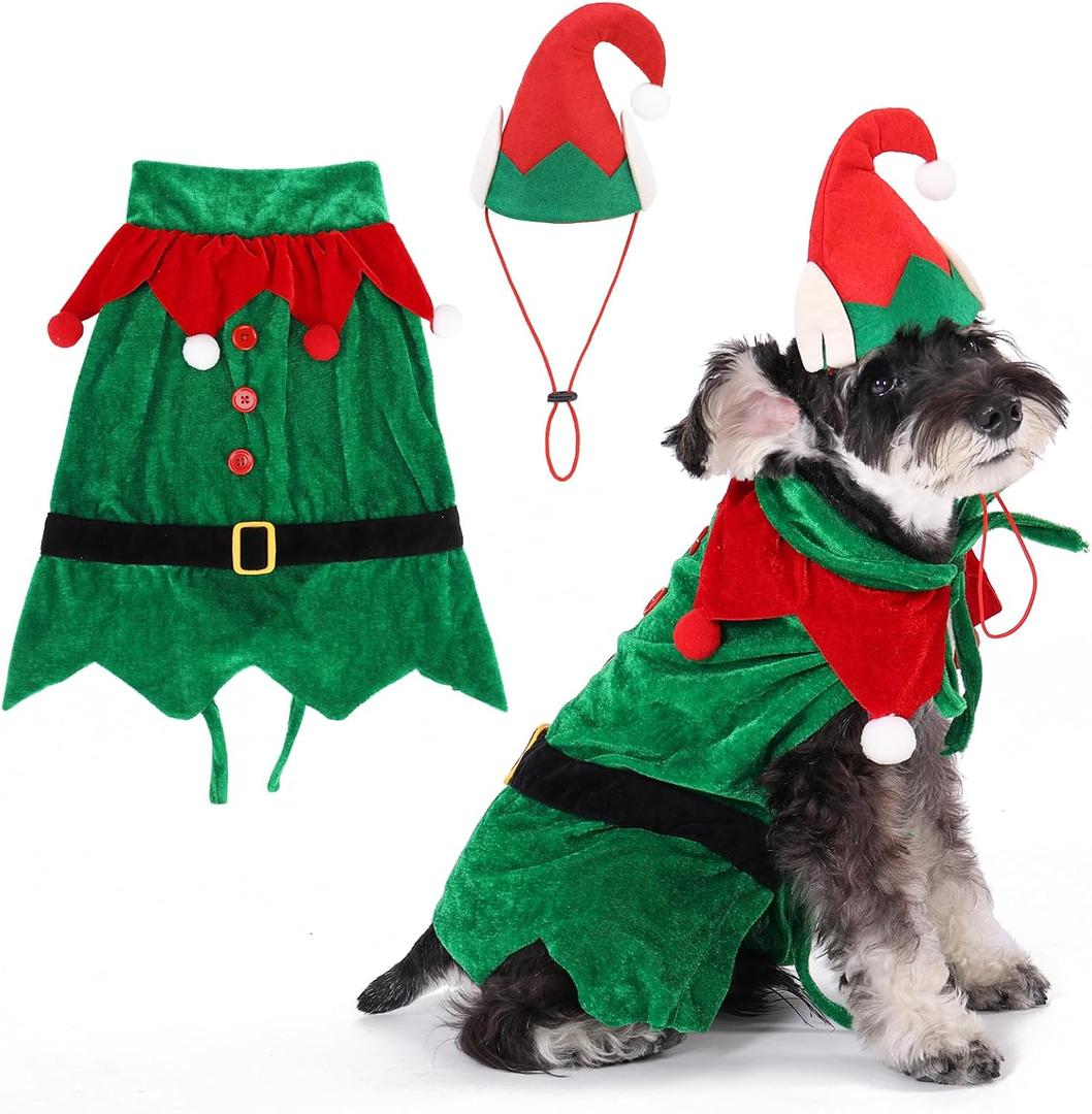KOOLTAIL Dog Christmas Costume Outfit,Pet Elf Hat and Cape Set, Christmas Tree Mantle Apparel for Holiday Party for Small Medium Large Dogs Cats Puppy, Funny Dog Fleece Clothes Cosplay Dress,Red&Green