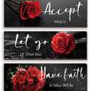 ZINYAZHE 3 Pcs Red Decor Flower Inspirational Wooden Wall Art Red Roses Office Wall Decor with Accept Let Go Have Faith Positive Quotes for Girl Women Bathroom Living Room Bedroom(16 x 5 Inch)