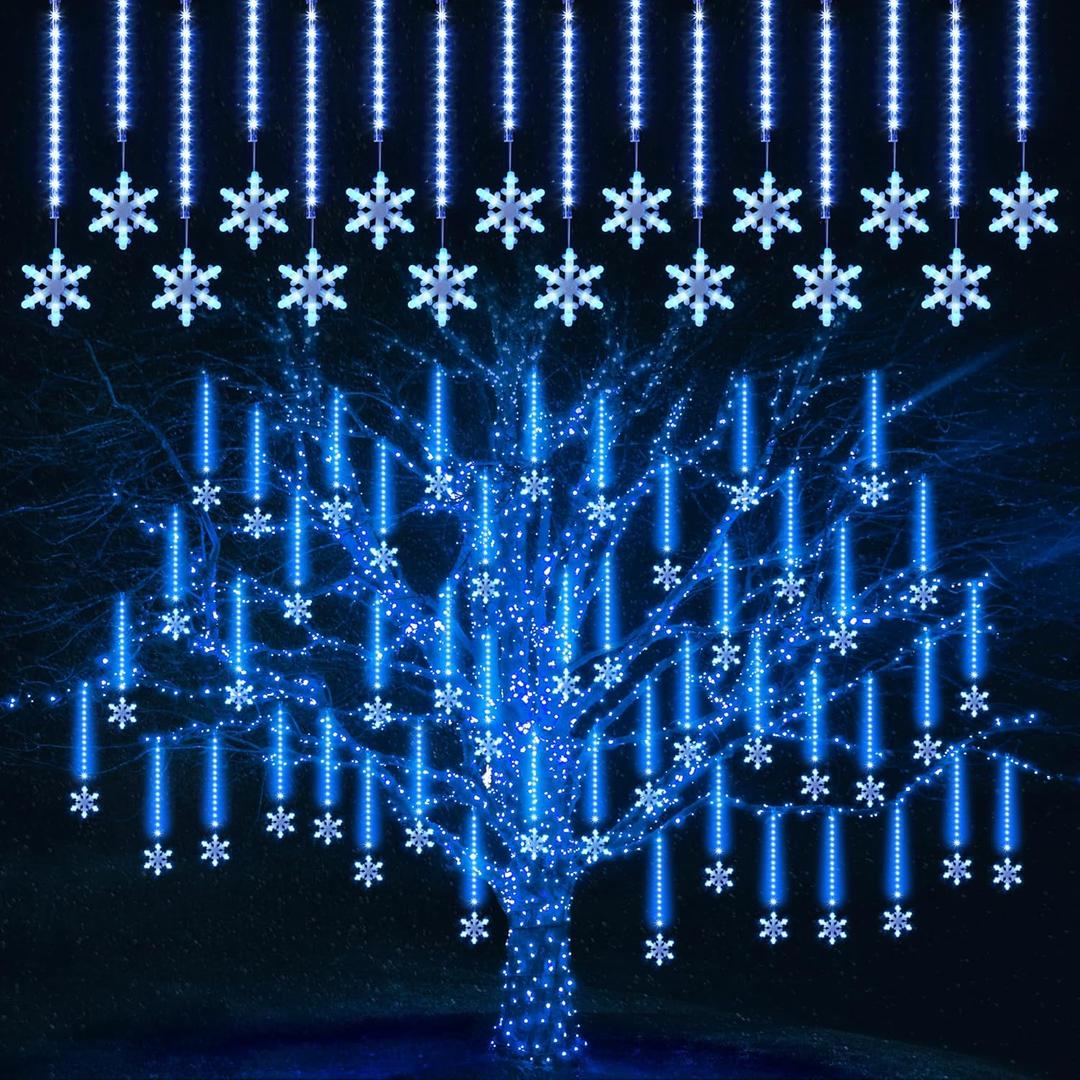 Enhon 2 Pack Meteor Shower Snowflake Lights Outdoor with Timer, Total 480 LED 12in 16 Tube Connectable Waterproof Meteor Rain Drop Christmas Light with Snowflake for Xmas Tree Roof Garden(Blue)