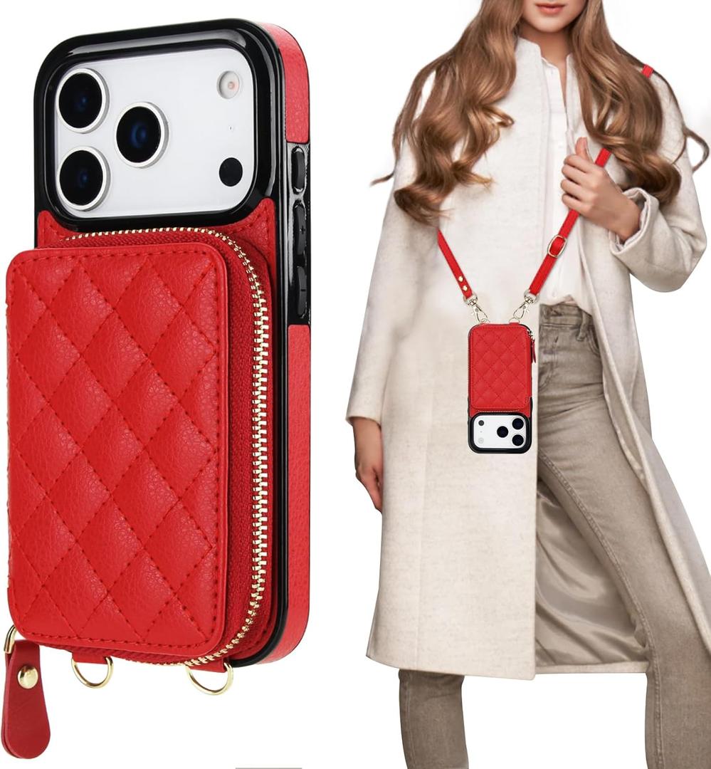 Bocasal Crossbody Wallet Case for iPhone 17 Pro, RFID Blocking PU Leather Zipper Handbag Purse Flip Cover, Kickstand Folio Case with Card Slots Holder Wrist Strap Lanyard 5G 6.3 Inch (Red)