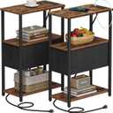 TUTOTAK Small Narrow End Table with Charging Station, Set of 2, Side Table with Outlets, Nightstand with Cloth Drawer, Couch Table, for Living Room, Bedroom, Bedside, Brown and Black TB01BB058K