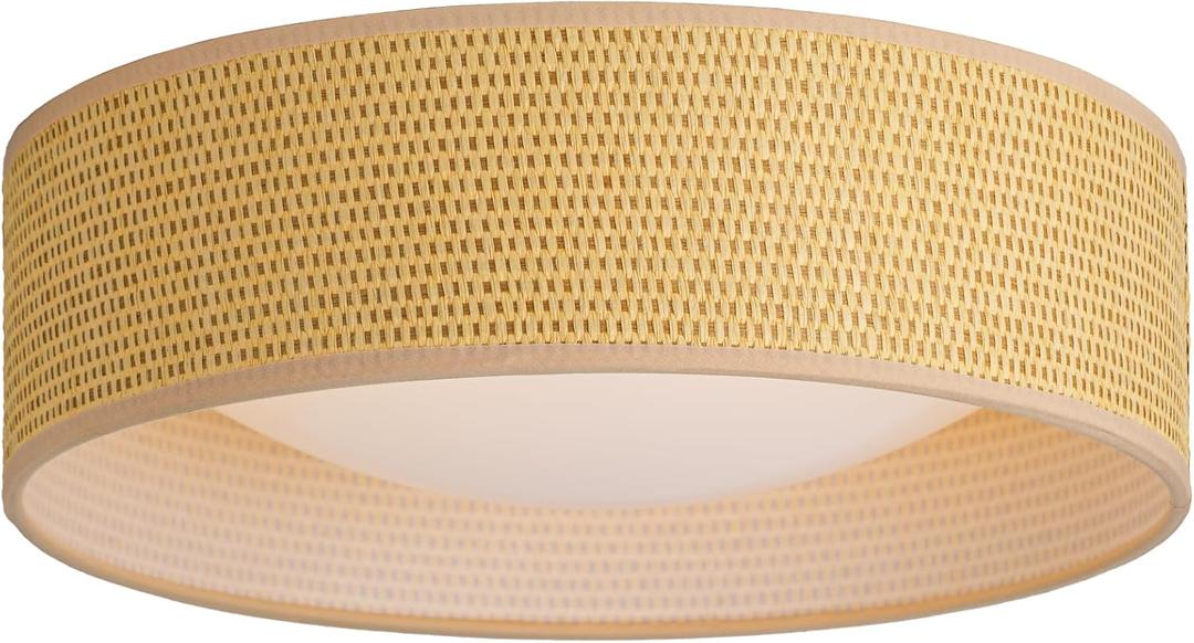 13" Woven Rattan-Style Boho Flush Mount Ceiling Light, LED 24W 3000K Closed to Ceiling Light Fixture with Classic Linen Drum Design for Bedrooms, Kitchen, Dining Room, Hallway (Yellow)