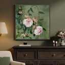 Framed Vintage Floral Square Wall Art, Pink and Green Retro Botanical Watercolor Flower Canvas Painting Prints, French Country Cottage Core Elegant Peony Artwork for Bedroom Living Room Office, 24x24