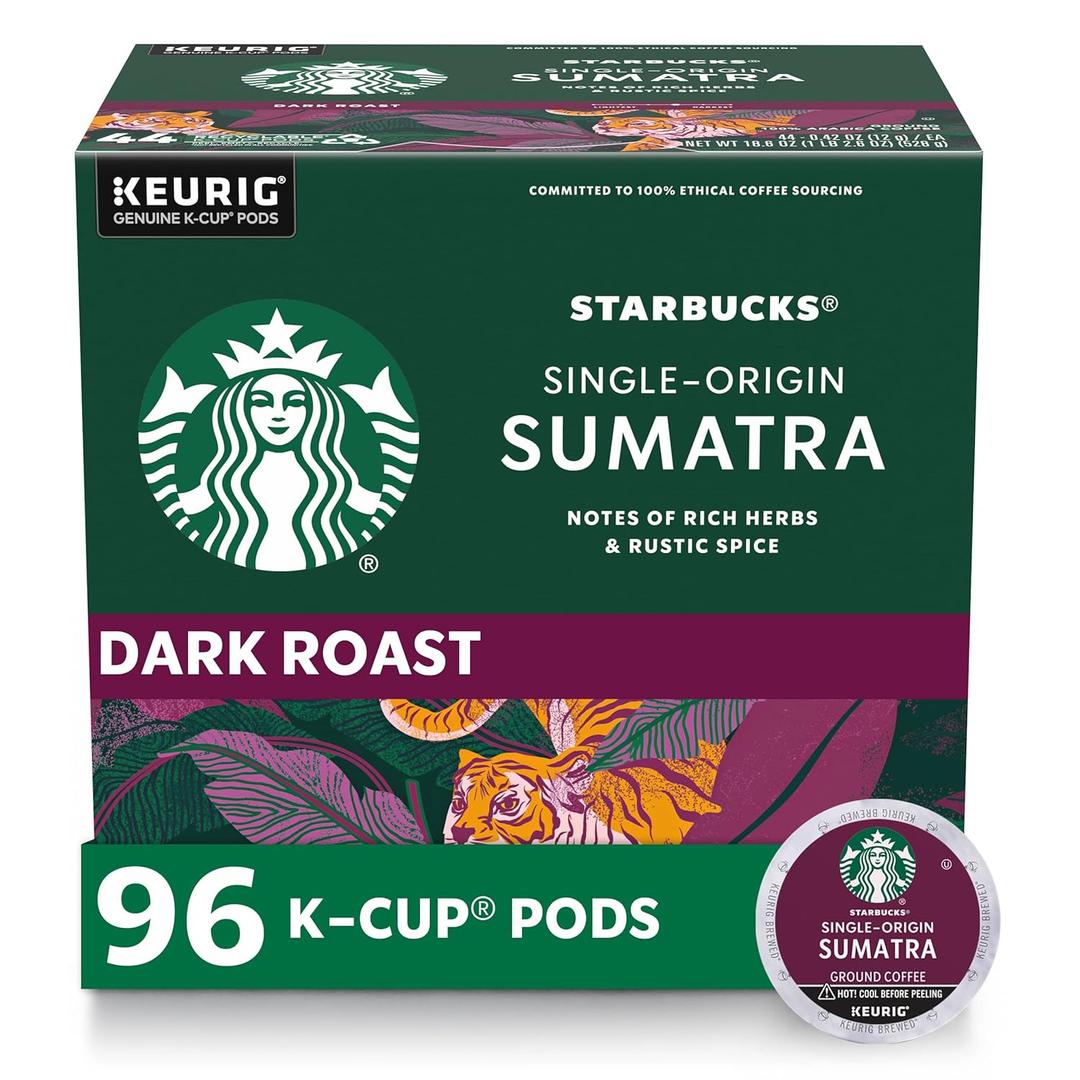 Starbucks K-Cup Coffee Pods, Dark Roast Coffee, Sumatra for Keurig Brewers, 100% Arabica, 4 boxes (96 pods total), Best By: 20 SEP 2026