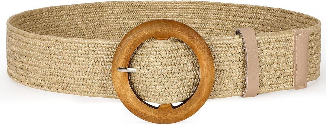 SANSTHS Womens Wide Elastic Belt, Boho Straw Braided Belt for Dresses Jeans Coats with Square Buckle (S:Fit waist size below 26 inch, Khaki(wooden Buckle))