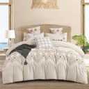 Luxurious Tufted Cotton Boho Duvet Cover Queen Set 3 Pieces, Linen Like,Top-end Textured Cotton Fabric, Breathable,No Shedding, Easycare, Queen Size, Beige Linen Color