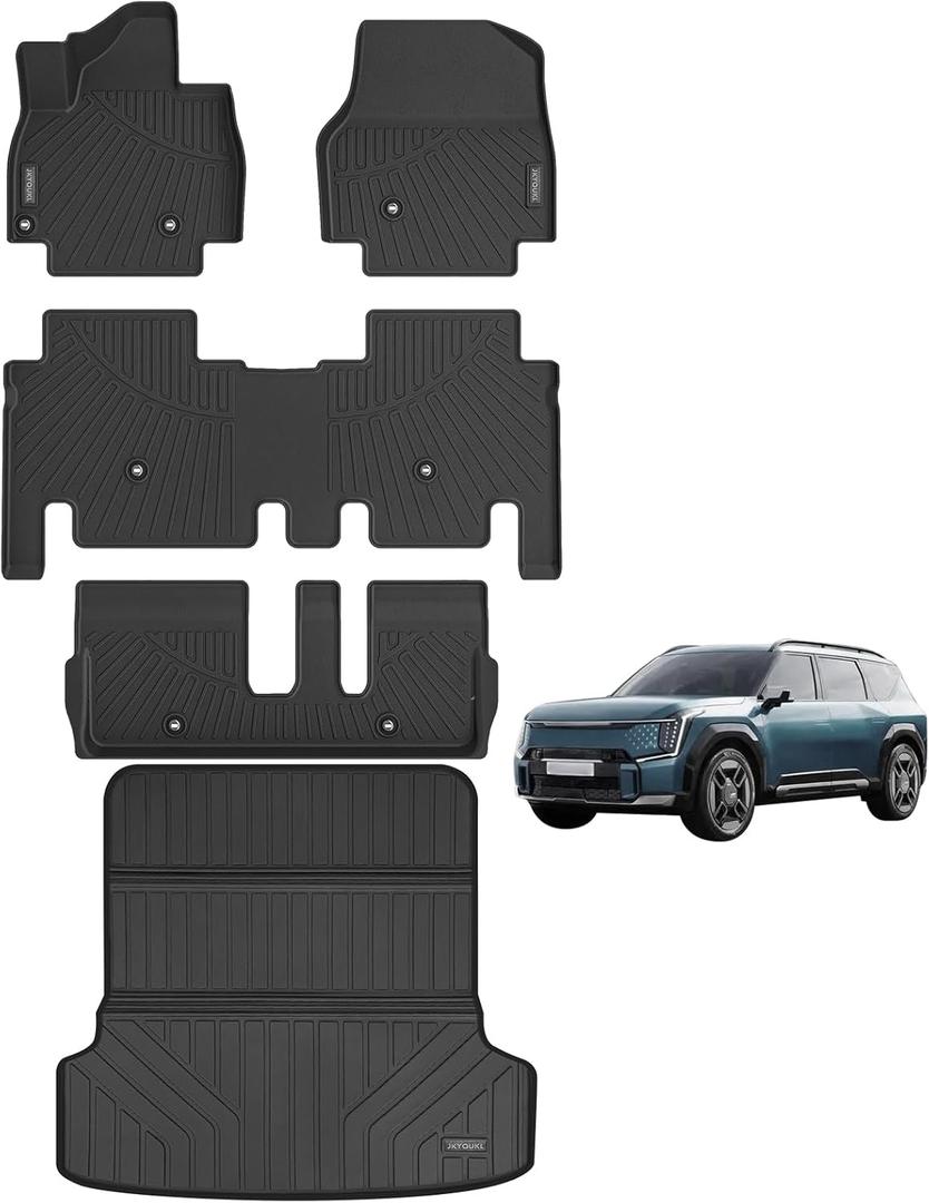 Floor Mats & Big Cargo Liners Compatible for KIA EV9 2024. All Weather 3 Rows Anti-Slip TPE Mat-Black. (7-Seats)