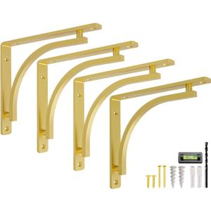 Classic Brass Heavy Duty Shelf Brackets 10 inch by Balin Designs  Gold L Bracket, Wall Mounted Support, Shelving Metal Bracket, Decorative Shelf Brackets, with Hardware Included, Set of 4