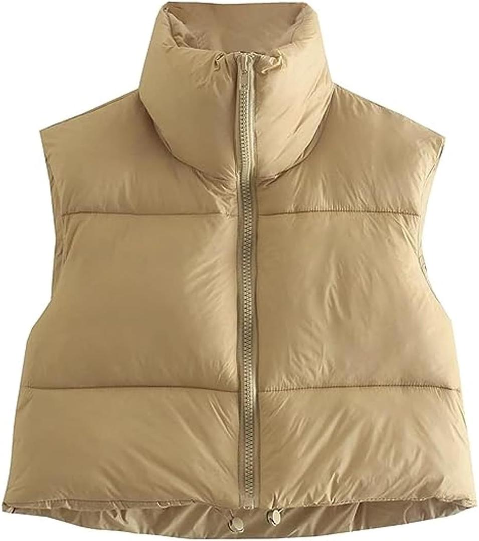 Shiyifa Women's Fashion High Neck Zipper Cropped Puffer Vest Jacket Coat (Medium, Khaki)