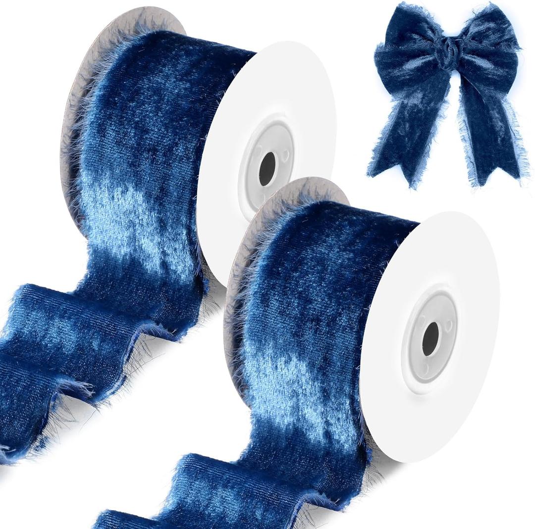 Hotop 12 Yards Frayed Velvet Ribbon, Blue 1.5 Inch Raw Edge Silk Velvet Ribbon Wide Handmade Fringe Fabric Ribbon for Gift Wrapping Bow Making DIY Crafts Party Decoration