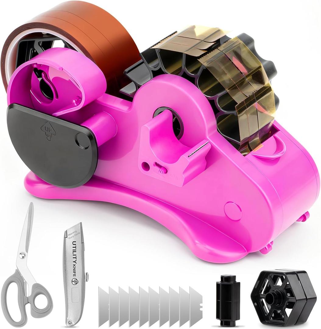 THINKLEARN Heat Tape Dispenser - Sublimation Heat Transfer Tape Dispenser with Scissors and Utility Knife, 1 '' & 3'' Core, Multi-Roll Pre-Cut Tape Dispenser for Crafting, PreCut 1.4'' Pieces, Pink