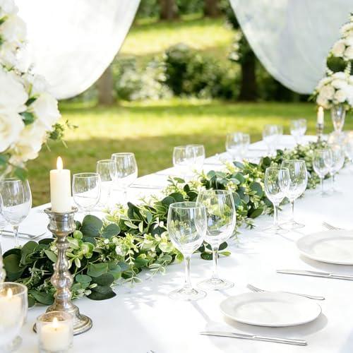 Zfaron Eucalyptus Garland with White Flowers 4Pack: 5.9Ft Artificial Faux Greenery Vines for Valentine's Day Table Runner Wedding Bedroom Mantle Centerpieces Backdrop Decorations