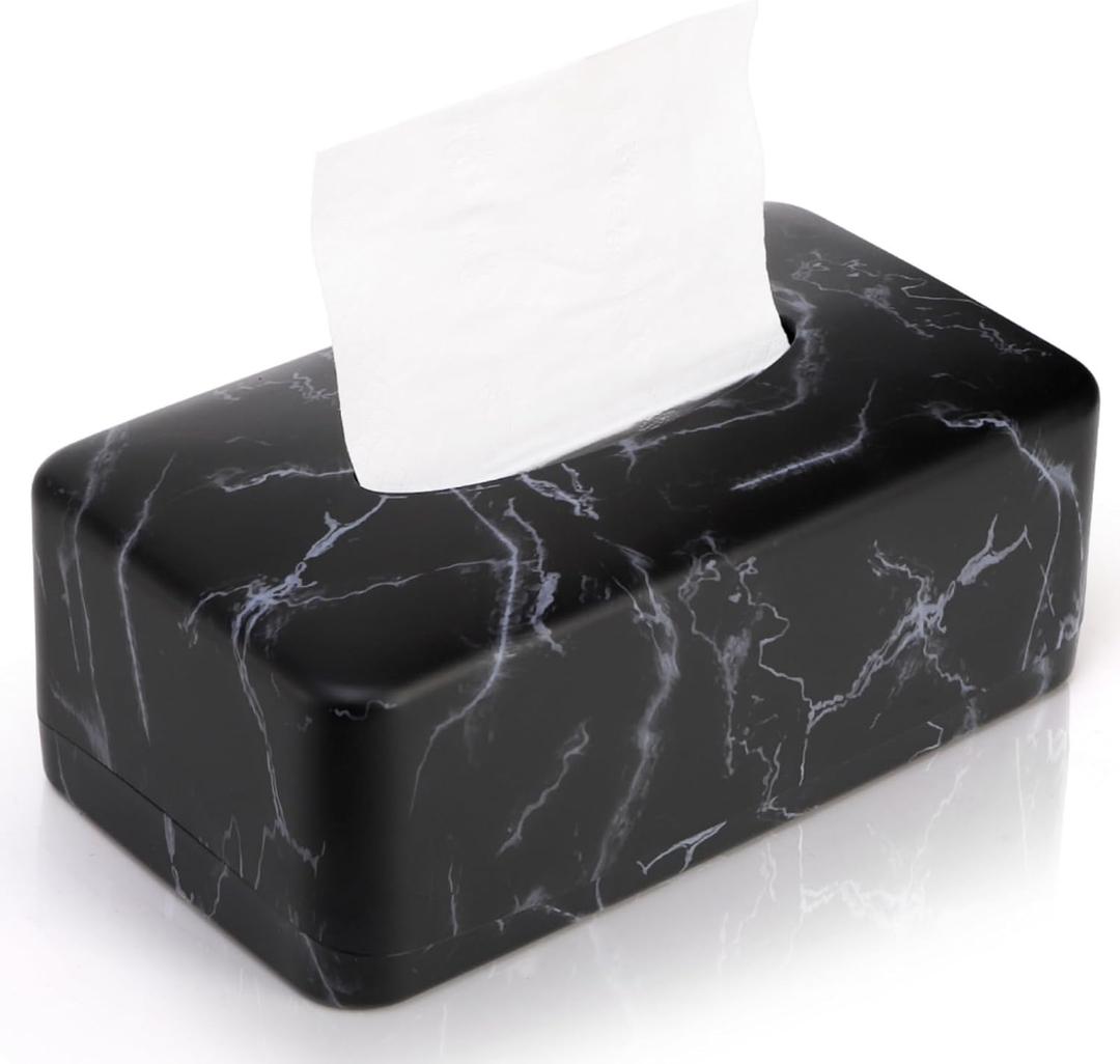 Tissue Box Holder, Rectangular Napkin Dispenser Box Cover, Black Faux Marble Facial Dryer Sheet Towel Organizer Case for Bathroom, Bedroom, Kitchen, Cars