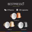 Bestpresso Coffee for Nespresso Original Machine 120 Aluminum pods Certified Genuine Espresso Variety Pack Caramel,Vanilla and Chocolate (EXP 02/02/28)