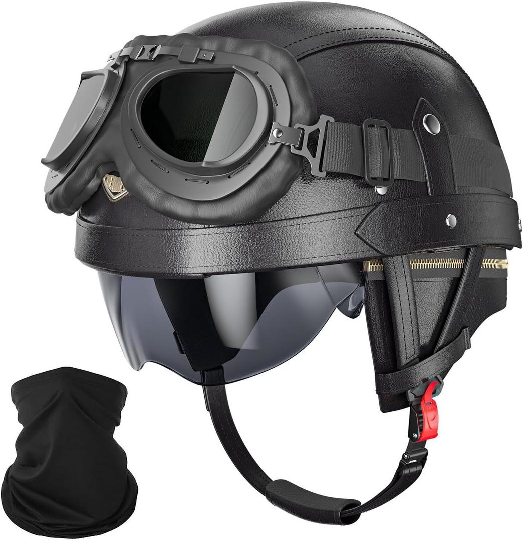 German Style Motorcycle Helmet - DOT Approved Vintage Leather Novelty Half Helmets for Motorcycle with Goggles/Visor, Removable Lining/Earmuffs, for Cruiser Scooter Chopper Moped, for Adults Men Women