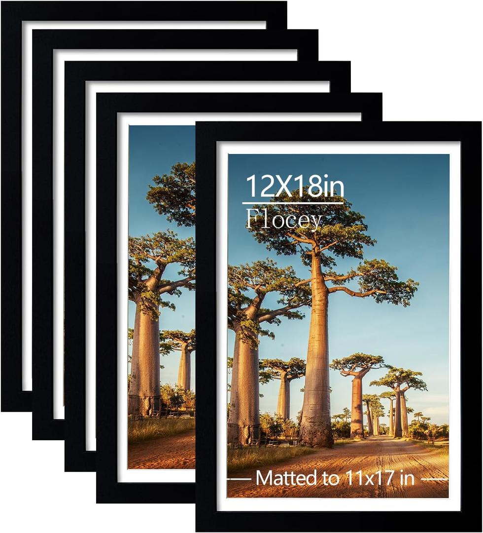 12x18 Picture Frame Set of 5, Black Poster Frame, Display Pictures 11 x 17 with Mat or 12 x 18 Without Mat for Horizontal or Vertical Wall Mounting, Wall Gallery Frame, 12x18-5PACK