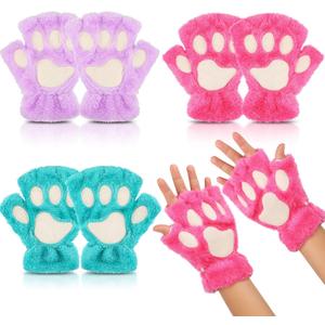 Geyoga 3 Pairs Cat Paw Gloves Therian Theme Furry Kawaii Plush Fingerless Paws Cosplay Gloves Girls Women Gift Costume Favor