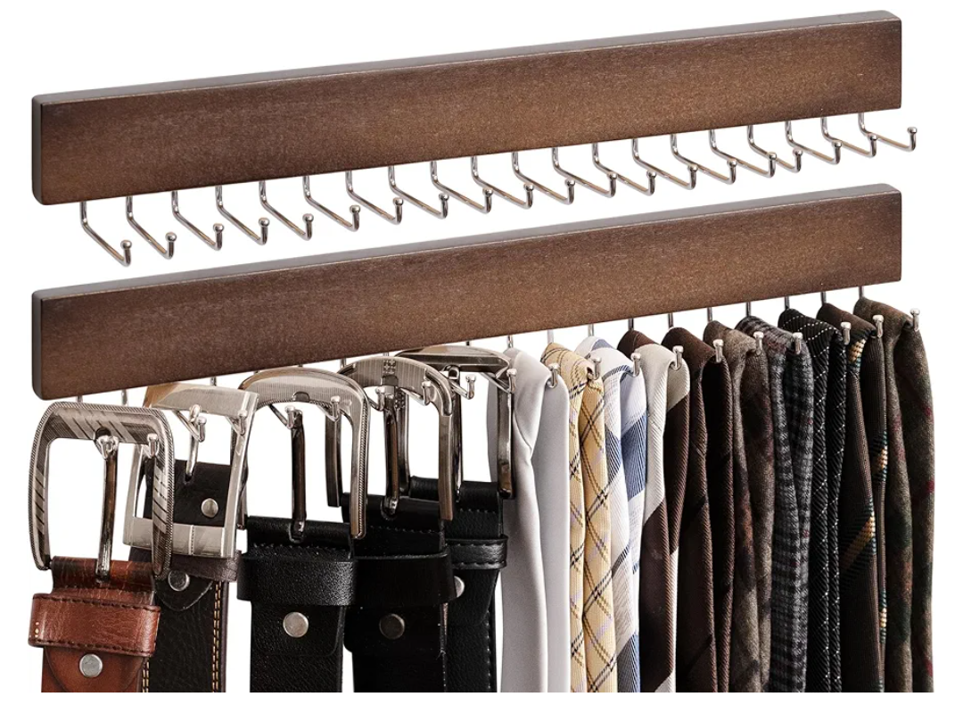 StorageWorks Tie Rack with 20 Hooks, 2-Pack Wall-Mounted Wooden Hangers for Neckties, Belts, Hats, Natural Walnut Color