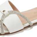 Women's Flat Sandals Rhinestone Strappy Buckle Slides With Soft Memory Foam Insole, Dressy Beach Leather Slippers for Summer Vacation (7, White)