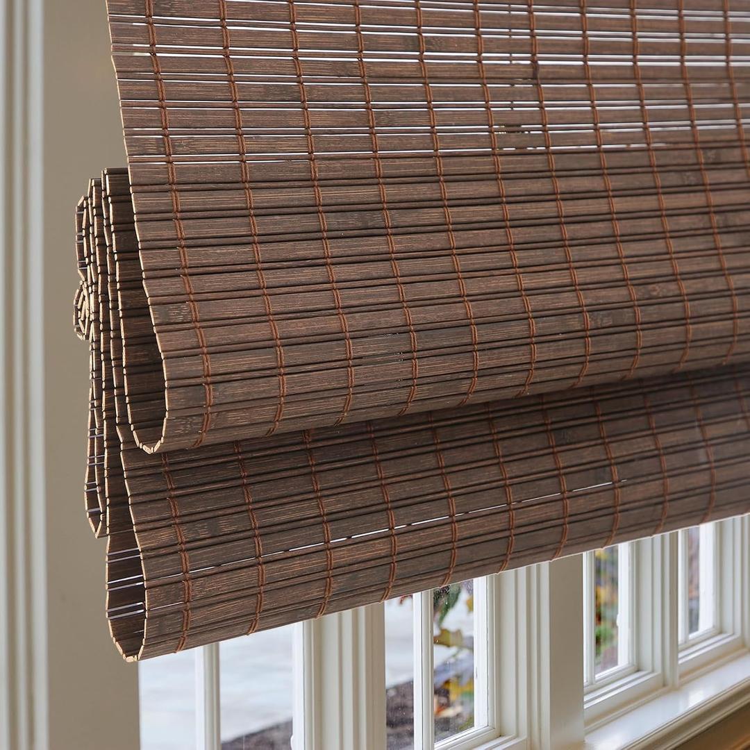 Sunbox Cordless Bamboo Roman Shade Blind, Woven Wood Roman Shades, Light Filtering Natural Bamboo Shades for Windows, French Doors, 31.5" W x 64" H, Sarasota-Cocoa