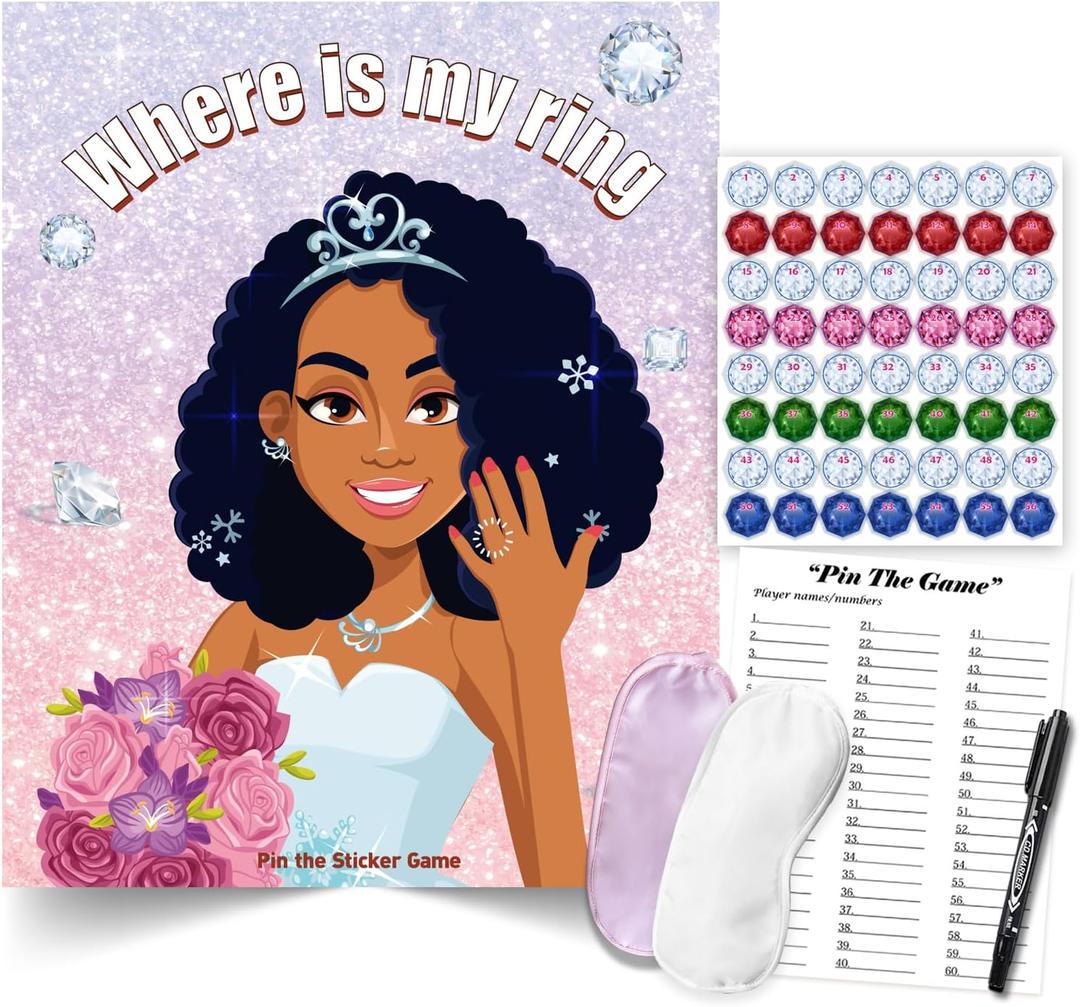 Bridal Shower Bachelorette Party Games, Pin The Ring on The African American Bride Game Bridal Shower Wedding Engagement Party Games Girls Night - 56 Guests, Medium, Small