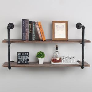 MBQQ Industrial Pipe Shelving Wall Mounted,48in Rustic Metal Floating Shelves,Steampunk Real Wood Book Shelves,Wall Shelf Unit Bookshelf Hanging Wall Shelves,Farmhouse Kitchen Bar Shelving(2 Tier)
