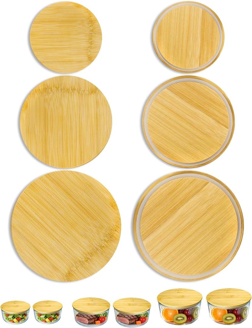 Replacement Wooden Lids for Pyrex, Anchor Hocking Glass Containers 7200 * 2 7201-PC*2 7402-PC*2, Bamboo Lids for Pyrex 2Cup 4Cup 7Cup Glass Bowls, Bowl Covers 6 Pack