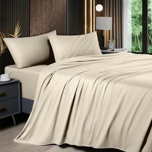 Shilucheng 4 Piece California King Sheet Sets, Cooling Sheets, Blend Rayon Derived from Bamboo, Deep Pocket Up to 16", Breathable & Soft Bed Sheets, Hotel Silky Bedding Set, Sand