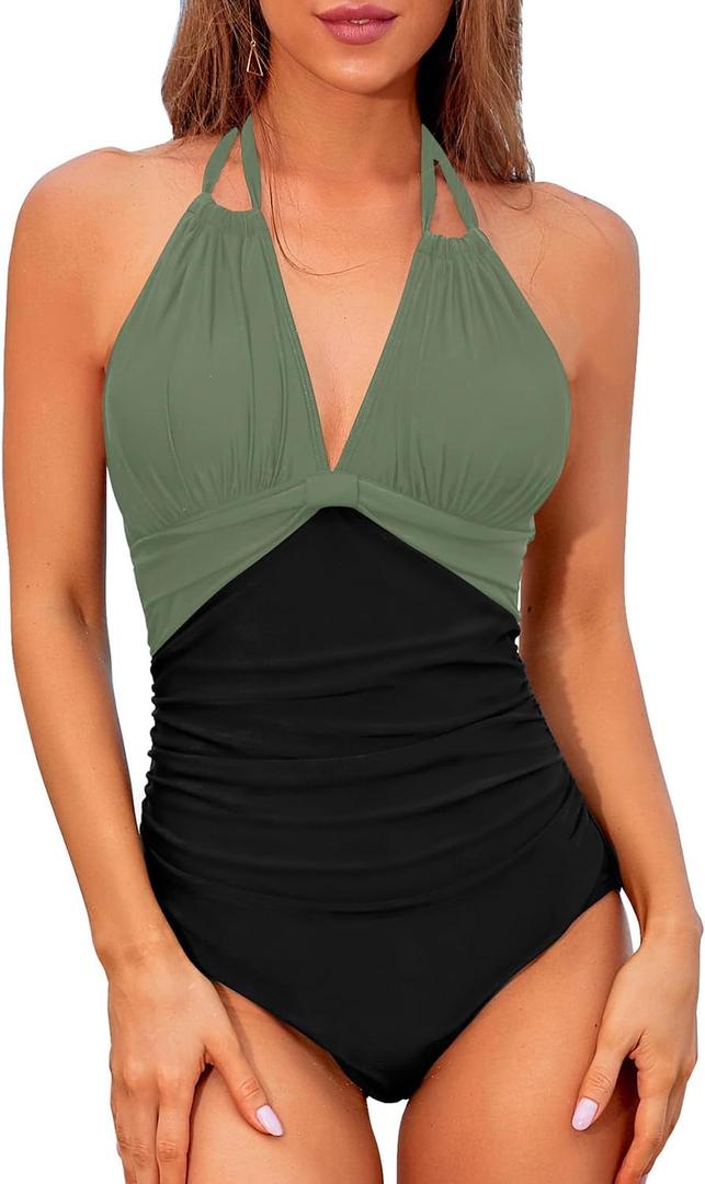 Tempt Me Women One Piece Swimsuits Tummy Control Halter Bathing Suits Sexy Ruched Slimming Swimwear (Small, Black Olive Green)
