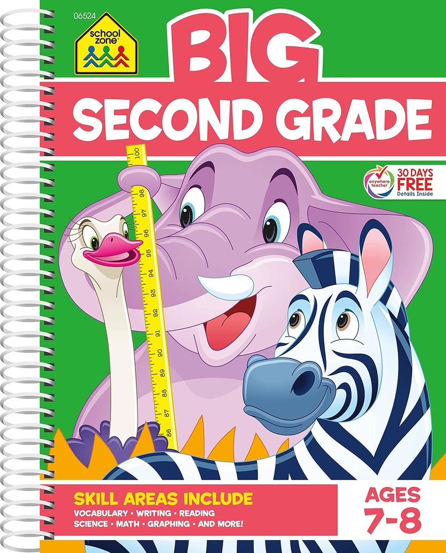 School Zone Big Second Grade Workbook: 320 Spiral-Bound Pages, 2nd Grade, Word Problems, Reading Comprehension, Phonics, Math, Science, Ages 7 to 8