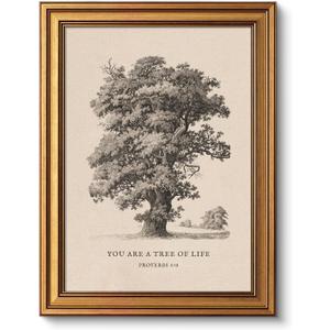 VIYYIEA Gold Framed Christian Vintage Canvas Wall Art, Tree Sketch Bible Wall Decor, Minimalist Christian Easter Religious Home for Living Room Bedroom Church Prayer Room 12x16in