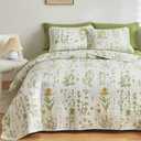 Joyreap 3 Pieces Reversible Quilt Set, Smooth Soft Microfiber Quilt, Yellow Flowers Green Leaves Botanical Design, Bedspread Bed Cover for All Season, 1 Quilt n 2 Pillow Shams (Full/Queen, 90x90)