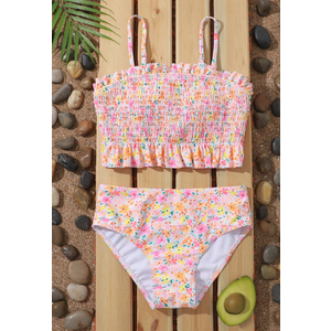 Tween Girl Floral Print Smocked Ruffle Hem Bikini Set Summer Beach
 S
