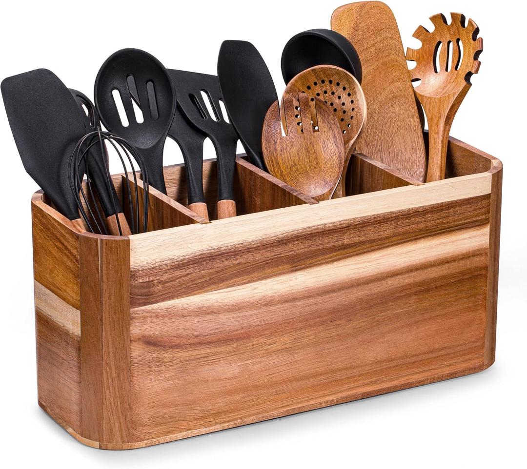 Utensil holder for Kitchen Counter - Large Kitchen Utensil Holder Organizer for Counter or Countertop, Large Wooden Utensil Holder with 4 CompartmentAcacia Wood
