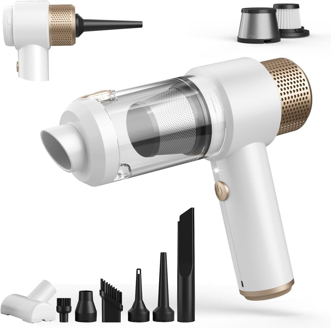 Car Vacuum Cleaner, 16000PA Mini Car Vacuum Cordless Powerful, 7 in 1 Portable Handheld Vacuum Cordless with LED Light, Dual Filters, One-Touch Empty for Pet Hair, Home, Office (White)