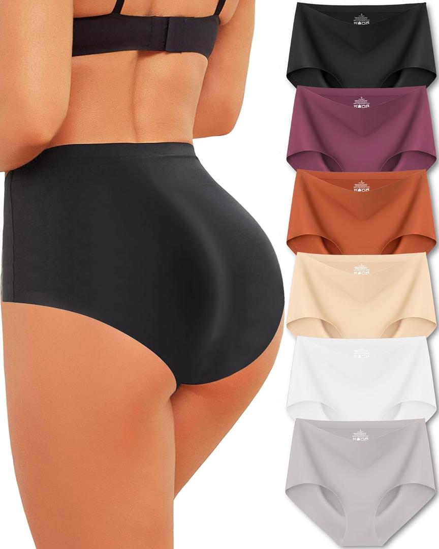ROSYCORAL High Waisted Seamless Underwear for Women Full Coverage Hiphugger High Rise Silky No Show Briefs Panties 6 Pack (Medium, Black, White, Copper, Apricot, Dusky Mauve, Grey)