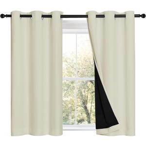 NICETOWN Cold Reducing Curtains, Bedroom Full Blackout Panels, Super Thick Insulated Window Covers, Complete Blackout Draperies with Black Liner for Short Window (Beige, Set of 2, 42 by 45-inch)