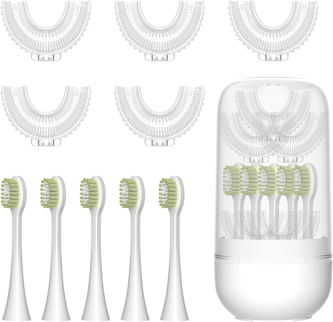 10 Pcs U Shaped Toothbrush Kids Replacement Head Set, Including 5 U Shaped Brush Heads 5 Bristle Brush Heads and 1 Storage Box (Age 7-12)