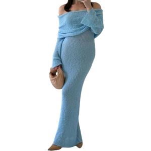 NRTHYE Women's Knit Off Shoulder Crochet Maxi Dress Sexy Mesh Long Sleeve Bodycon Vacation Party Dresses (Medium, 03blue)