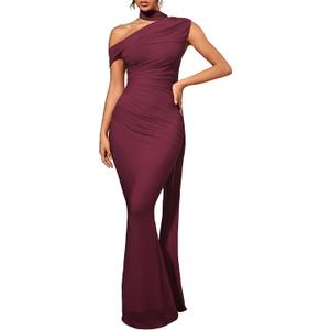 Isolde Women's One Shoulder Formal Evening Gown Built-in Bra Ribbon Elegant Bodycon Mesh Ruched Maxi Dress (Burgundy, M)