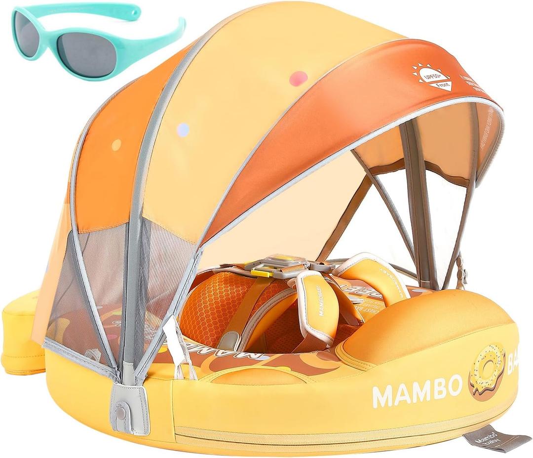 Mambobaby Float with Canopy and Tail New Upgraded Non-Inflatable Baby Pool Float Mambo Float Swim Trainer Solid Infant Swim Float Adjustable Pearl Foam Baby Swim Ring (Doughnut Orange)