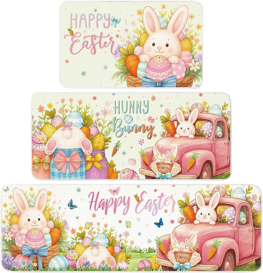 3 Pcs Easter Kitchen Rug and Mat Set Bunny Kitchen Floor Mats Waterproof Non Slip Farmhouse Easter Doormat Holiday Decor for Home Office Bathroom Party Decor