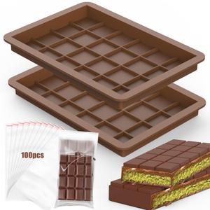 Juome Large Chocolate Bar Mold Deep 2 Pack - 1 Inch Deep Silicone Thick Molds for Stuffed Chocolate, Filling Knafeh Pistachio Candy With 100Pcs Bags (Large 2pcs)