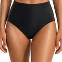 Tempt Me Womens High Cut High Waisted Bikini Bottoms Tummy Control Bathing Suit Bottoms Swim Bottom Swimsuit Bottom (Black)
