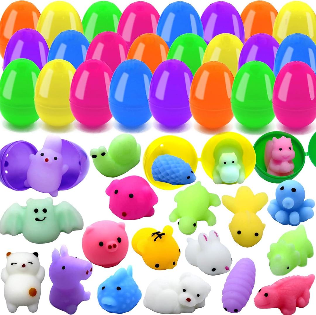 24 PCS Plastic Easter Eggs Filled with 24 PCS Mochi Squishy Toys for Kids, Perfect for Easter Egg Hunt Game, Easter Basket Fillers, Easter Party Favor Supplies