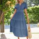Simplee Womens Summer Denim Dress Casual Short Sleeve V Neck Empire Waist Boho Flowy Western Jean Maxi Dresses with Pockets (S)